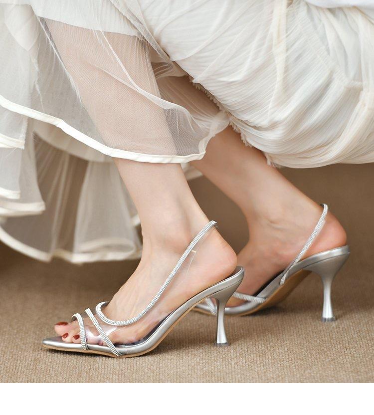 2025 summer women's shoes pointed natural color bright inlaid high heel sandals thin heel rhinestone transparent sandals pu leather