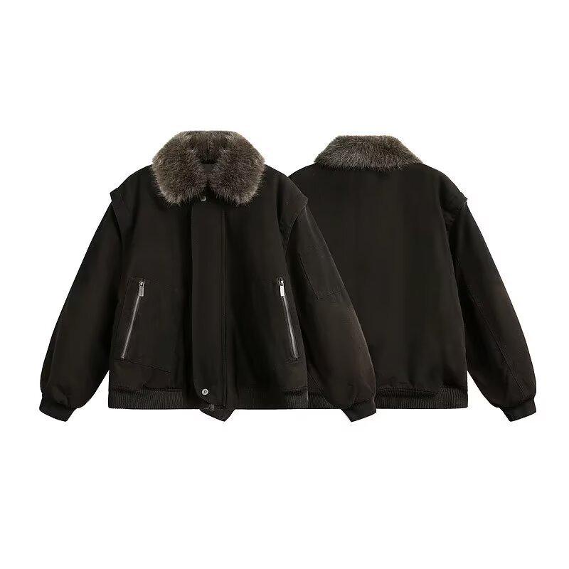 Men's American Retro Fur Collar Cotton Jacket – Trendy Winter Workwear, Thick and Versatile Warm Outerwear for Couples.