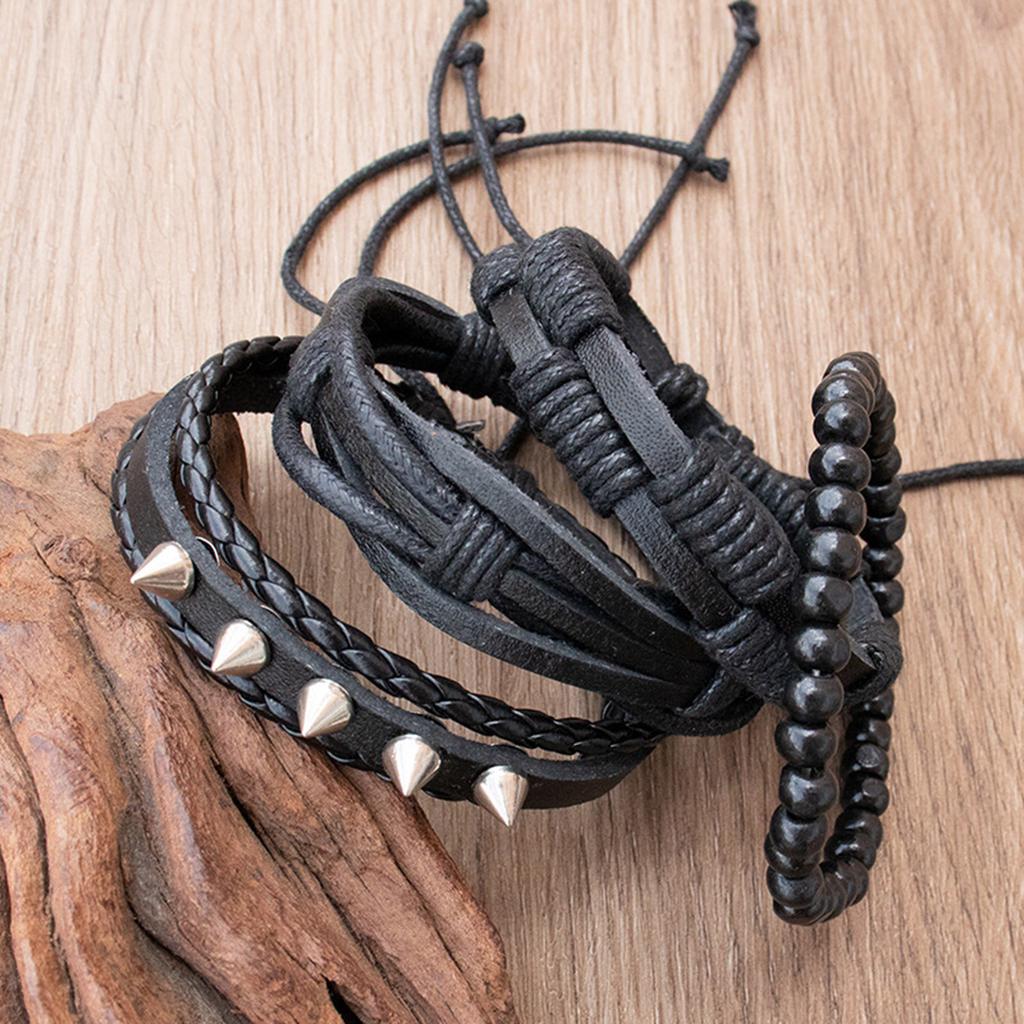 Pack of 4 Punk Styles Leather Bracelets With Metal Studs Braided Designs Adjustable Closure for Men Women Gift Set
