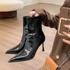 Patent Leather Short Boots Women'S High Heel Pointed Side Zipper Versatile Autumn And Winter Black Thin Heel Boots