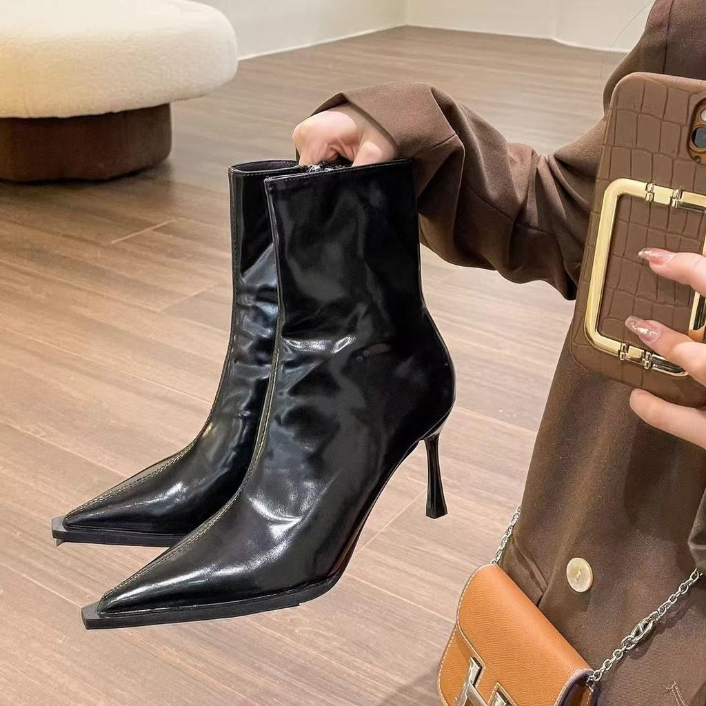 Patent Leather Short Boots Women'S High Heel Pointed Side Zipper Versatile Autumn And Winter Black Thin Heel Boots