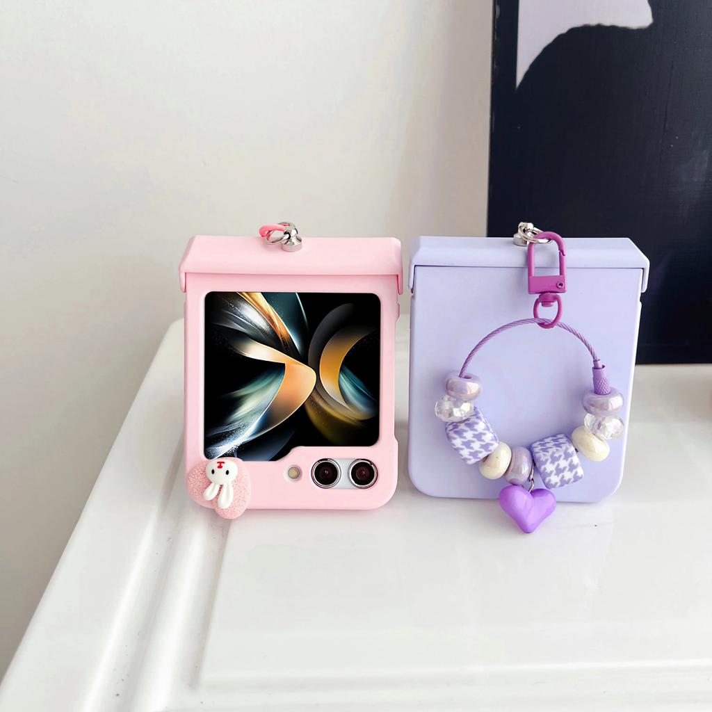 Cute Rabbit Bling Glitter Bead Wrist Strap Phone Case for Samsung Galaxy Z Flip 7 6 5 4 3 5G Hinge Protection Shockproof Cover
