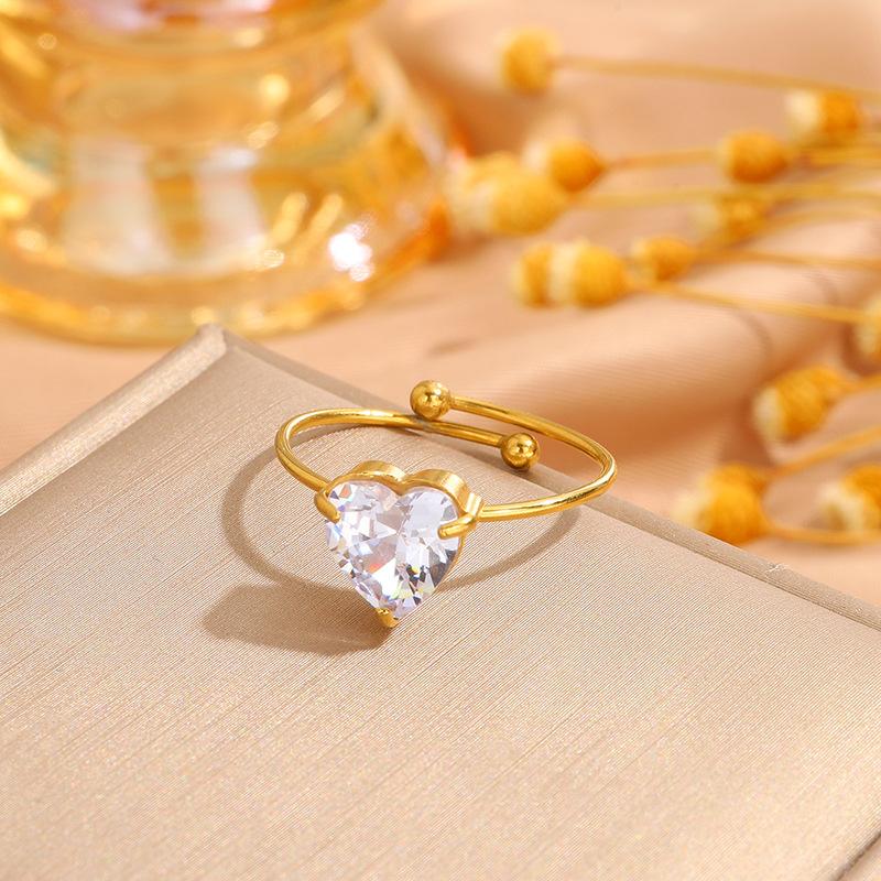 Titanium Steel Necklace, Bracelet, Earrings, Ring, Luxury-style Set with Sparkling Diamonds, Heart-shaped Design