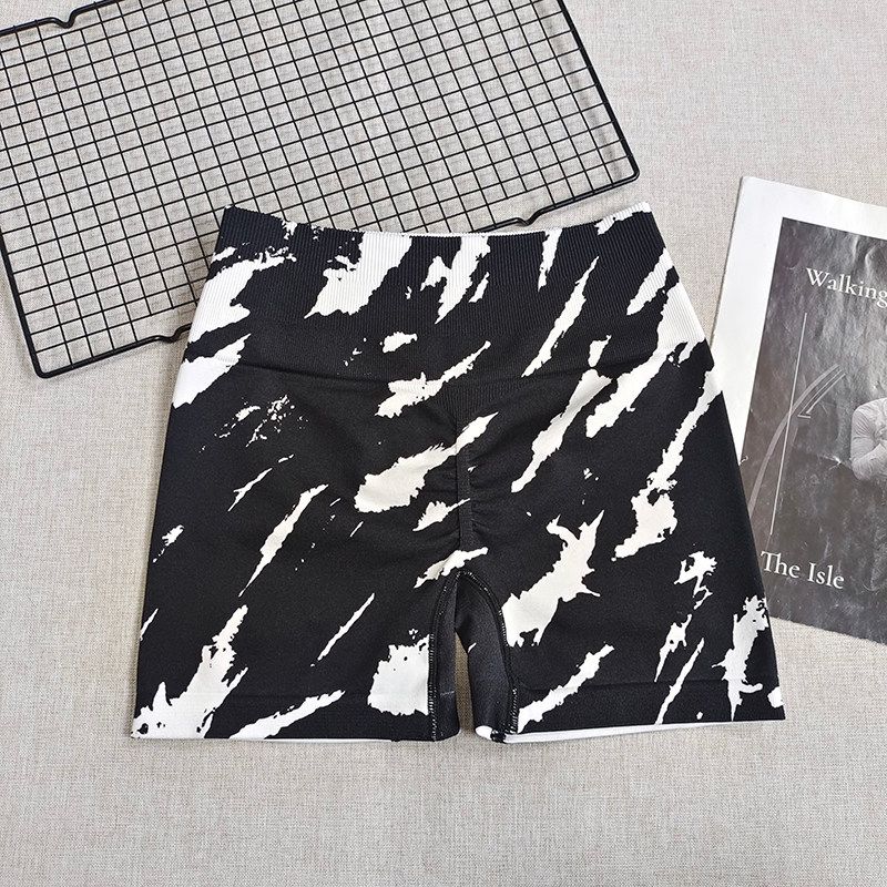 

Tie Dye Fashion Peach Hip High Waist Crimp Wait Lifting Shorts Black White Size M
