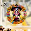 Durable Sunproof Wall Decals Day of the Dead Sugar Skull Lady Static Window Cling, Da De Los The Clings Muertos Sunflower Wreath Glass Decal,