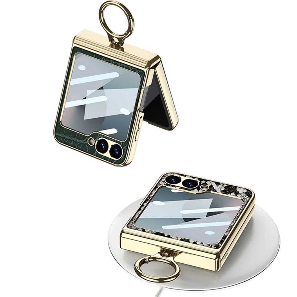 Luxury Plating Leather Case for Samsung Galaxy Z Flip 7 6 Magnetic All-included Hinge Ring Holder Cover for Galaxy Z Flip 5 Case