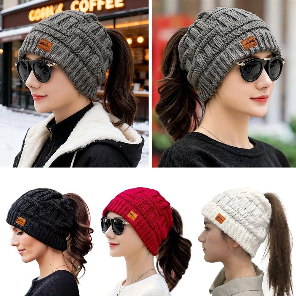 Fashion Crochet Ponytail Winter Hats Knitted Solid Color Beanies Hat Warm Ear Protection Skullies Autumn
