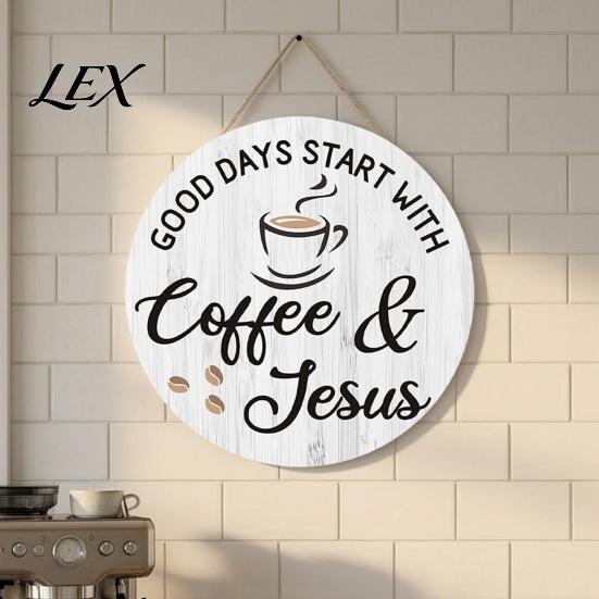 Coffee Shop Wall Art Wooden Bar Signs, Rustic Themed Hanging Sign, Cup Vintage Style Kitchen Shape & Round Wood Plaque for Farmhouse Decor