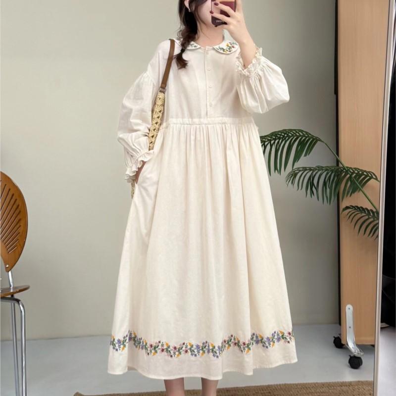 Johnature Embroidered Adjustable Waist Dress Long Sleeve Artistic Vintage Loose A-Line Long Dress For Women