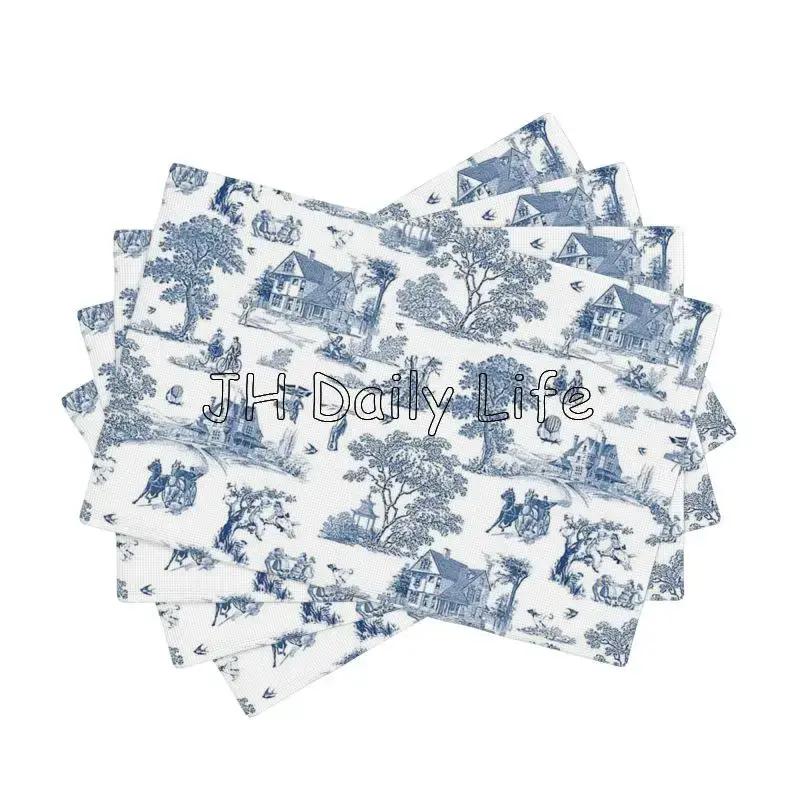 French Toile De Jouy Placemats Sets of 4 Waterproof Heat Resistant Linen Table Mats for Home Party Dining Table Decor 12x18 Inch
