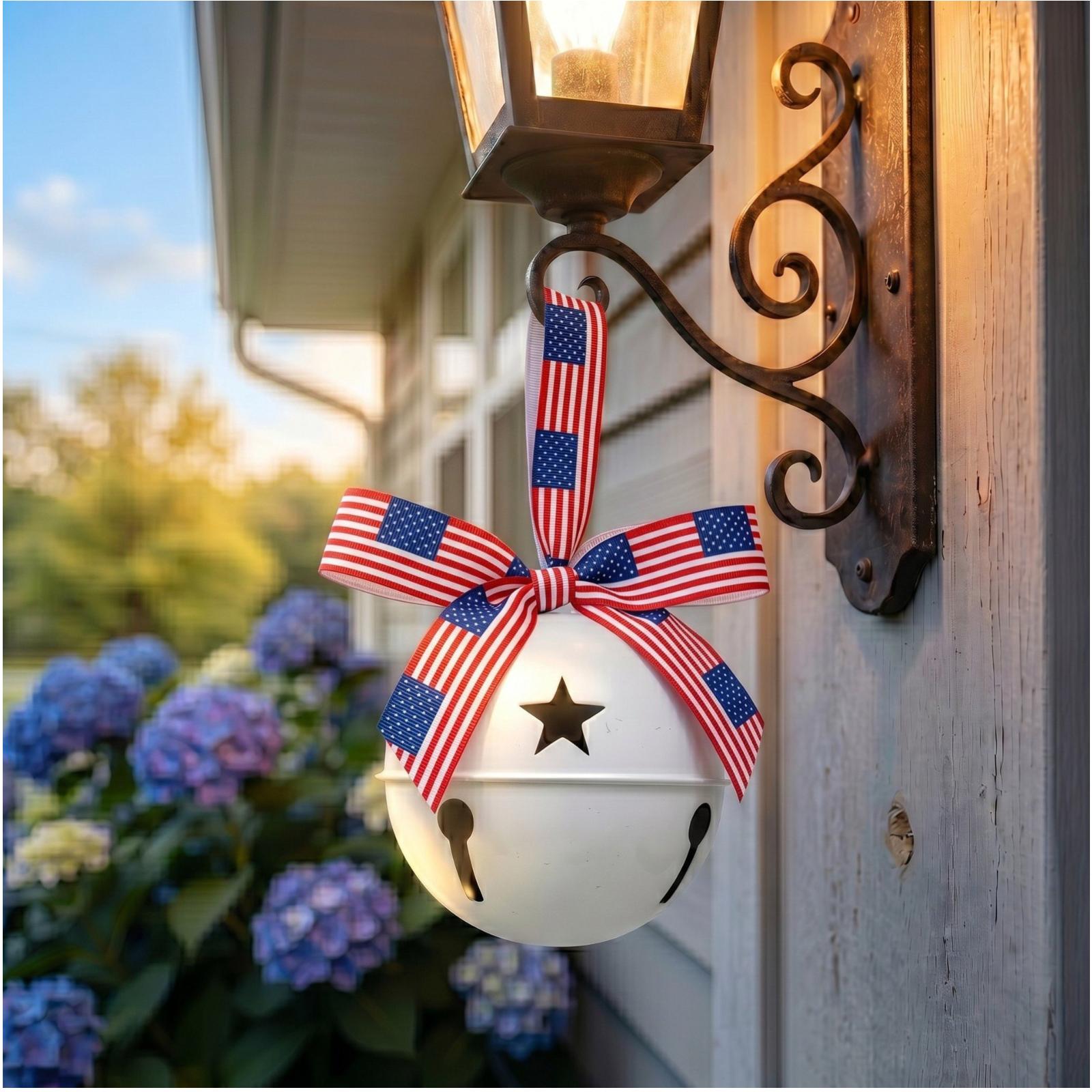 

3D Metal Bell Hanging Ornament with Star Pattern and Decorative Bow for Front Door Festival Display Patriotic Style Suitable for Indoor Outdoor Use One Size