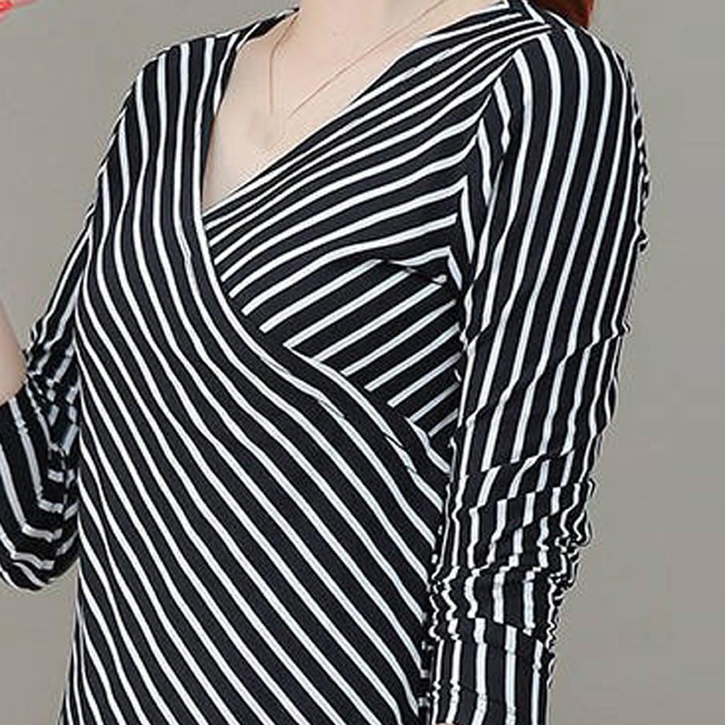 Módní halenka dámská košile s dlouhým rukávem nepravidelného tvaru s proužkovaným výstřihem do V