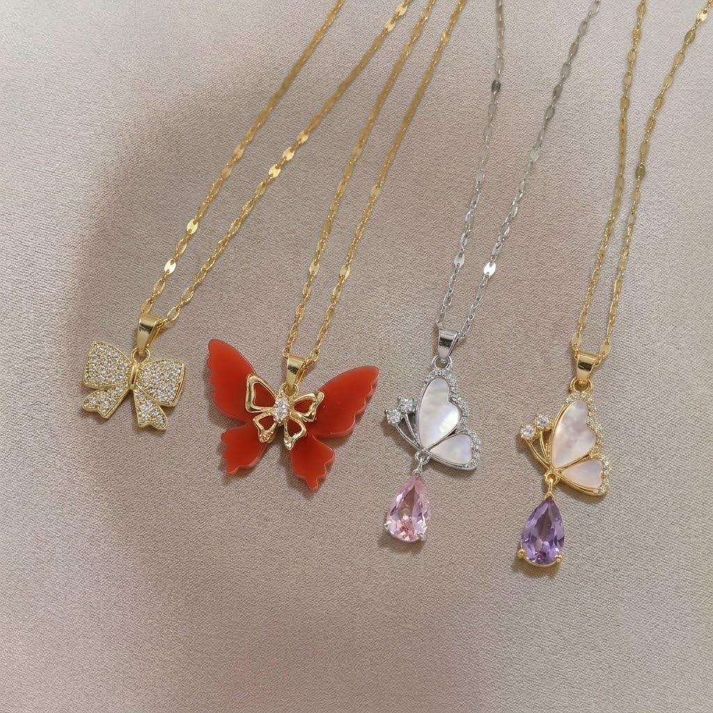 Women's French Bow Zircon Pendant Necklace, Titanium Steel Clavicle Chain, Fashionable and Trendy.