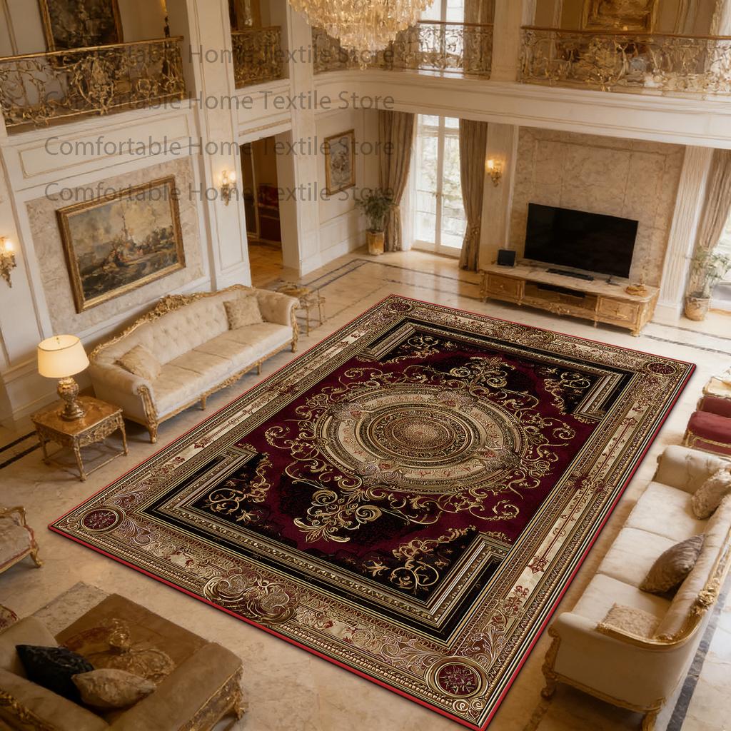 European Red Retro Large Apartment Soft Carpet Decoration Living Room Non-slip Luxury Rug Easy Clean Lint-free Coffee Tables Mat