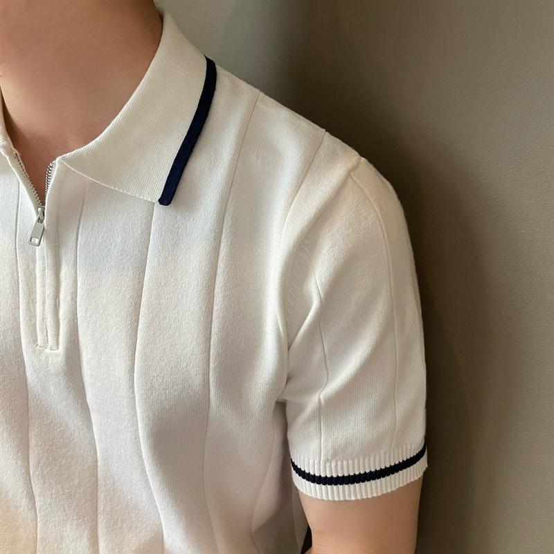 Korean Version Of Casual Semi-Zipper Polo Shirt Men'S Short-Sleeved Slim-Fitting High-End Mature Men'S Lapel Knitted Sweater