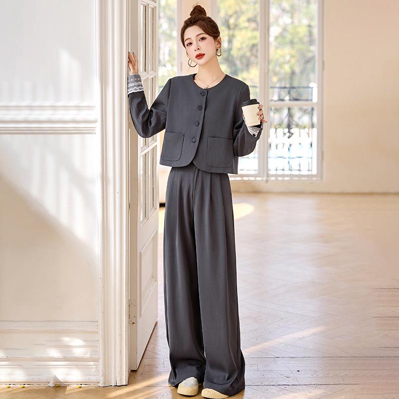 2025 Spring Lace Patchwork Jacket & Wide-Leg Pants Set