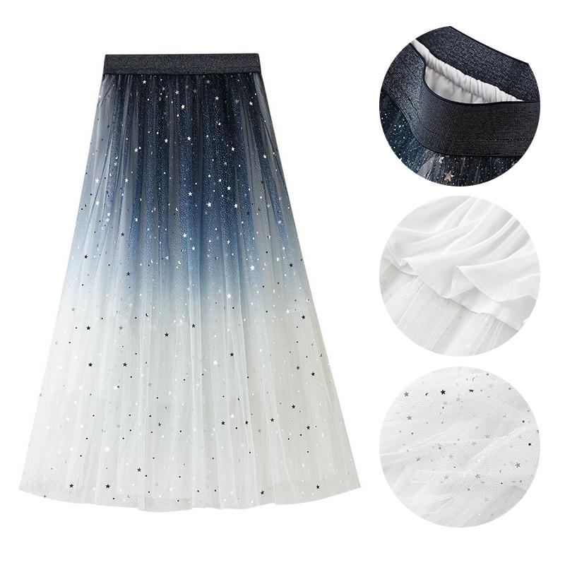 Sommerliches Pailletten-Traumkleid aus Tüll, mittellang, Farbverlauf, Stern-Pailletten-Galaxie-Kleid, modischer A-Linien-Rock mit hoher Taille