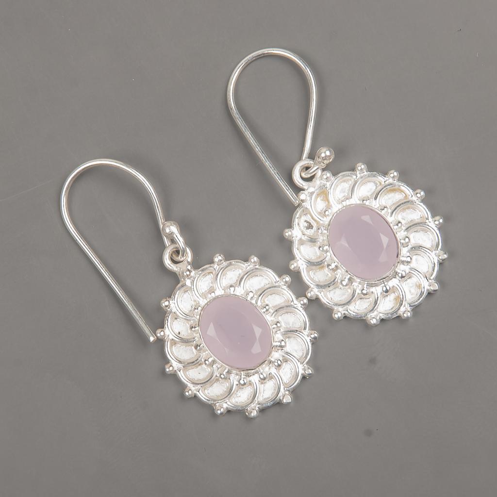 Rose Chalcedony Gemstone Earrings, Handmade 925 Solid Sterling Silver Jewelry, Designer Silver Earrings Gift for Sister