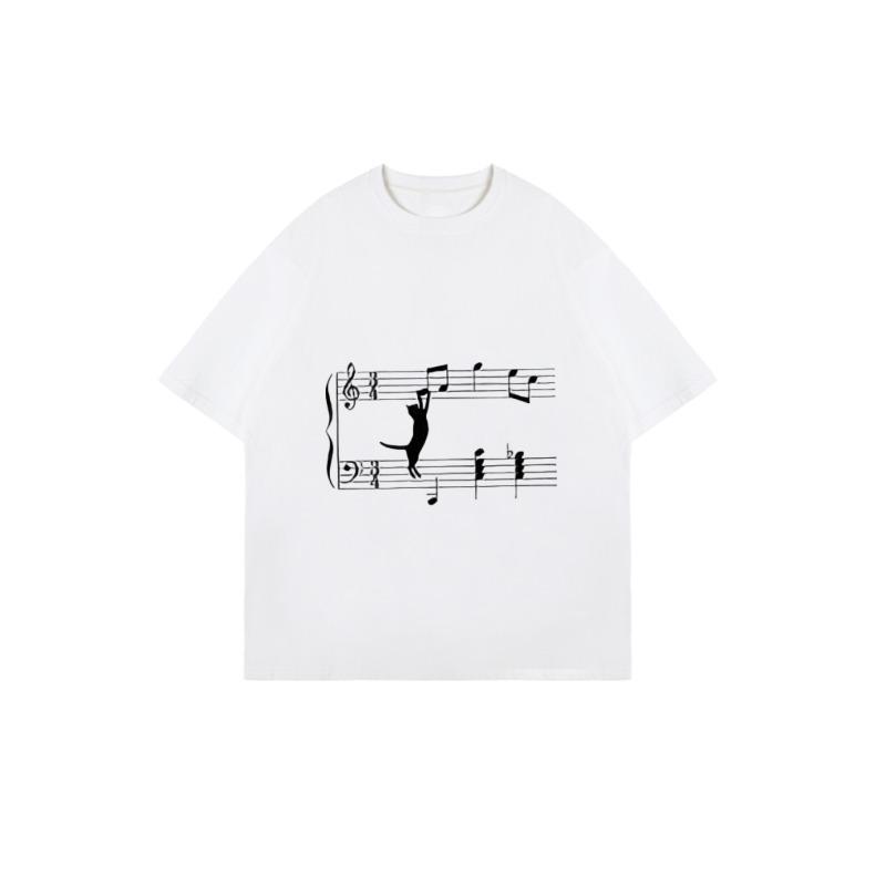 Black Oversized T Shirt With Music Notes And Cat Silhouette Print For Casual Wear