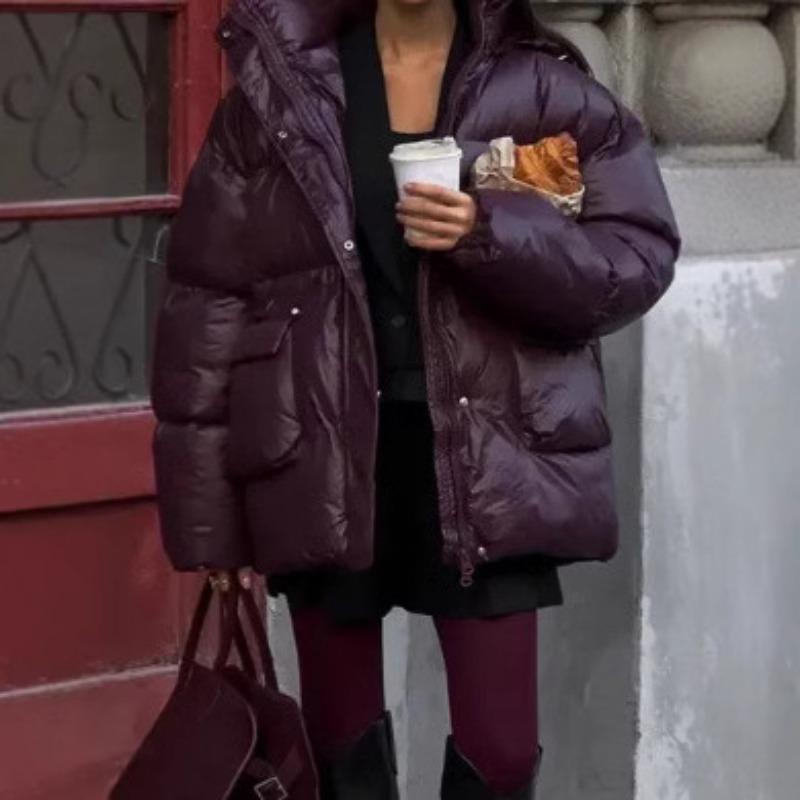 Zimowy płaszcz bawełniany z zamkiem błyskawicznym w kolorze ciemnoczerwonym, ciepła kurtka z kapturem