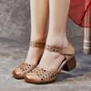 Sandals women's outer wear new summer hollow hole sandals first layer cowhide medium thick heel soft sole women's shoes