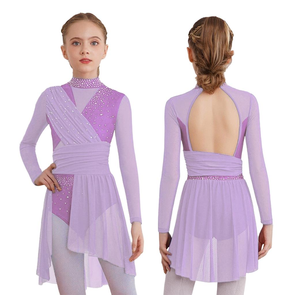 Jenter Lyrisk Dansedrakt Mock Neck Lange Ermer Utringet Rygg Sidesplitt Gjennomsiktig Mesh Rynkede Leotarder