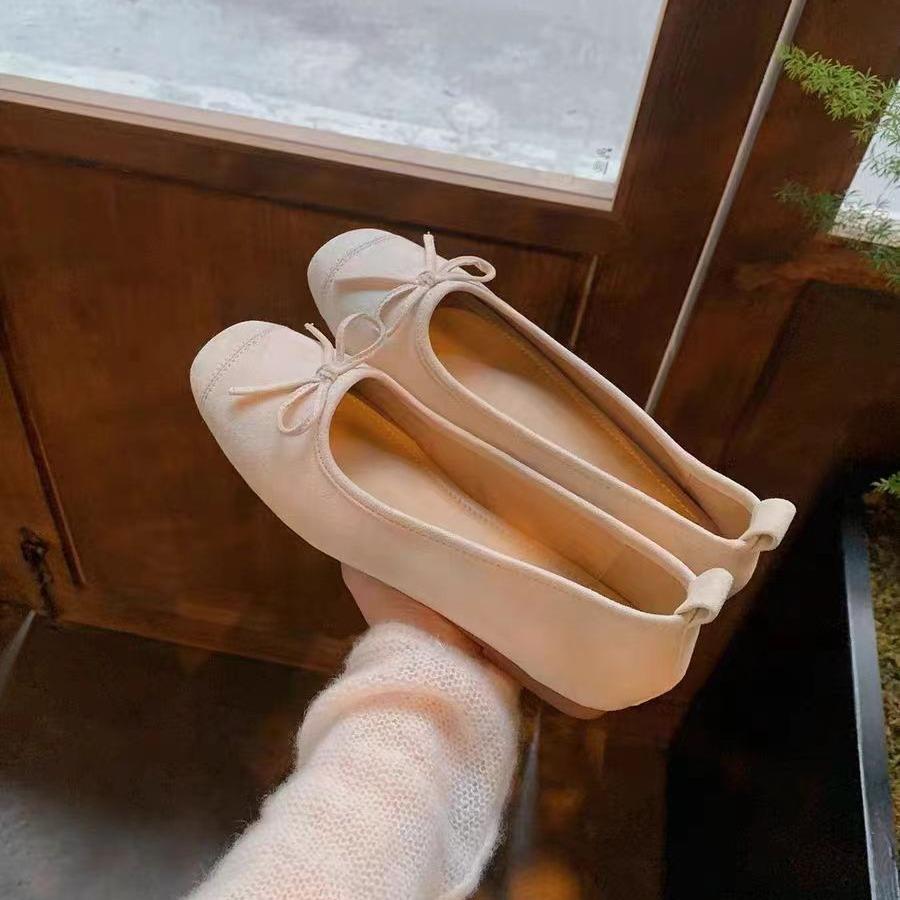 Sheepskin Version! Red Ballet Single Shoes Women's Bow Retro Evening Wind Flat Bottom Ladyshoes Square Head Shallow Mouth Grandma Shoes