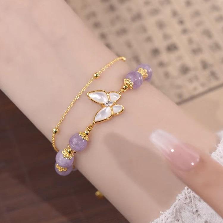 Niche Light Luxury Natural Amethyst Freshwater Pearl Bracelet Beaded Can Be Stacked High-end Butterfly Double-layer Jewelry Women