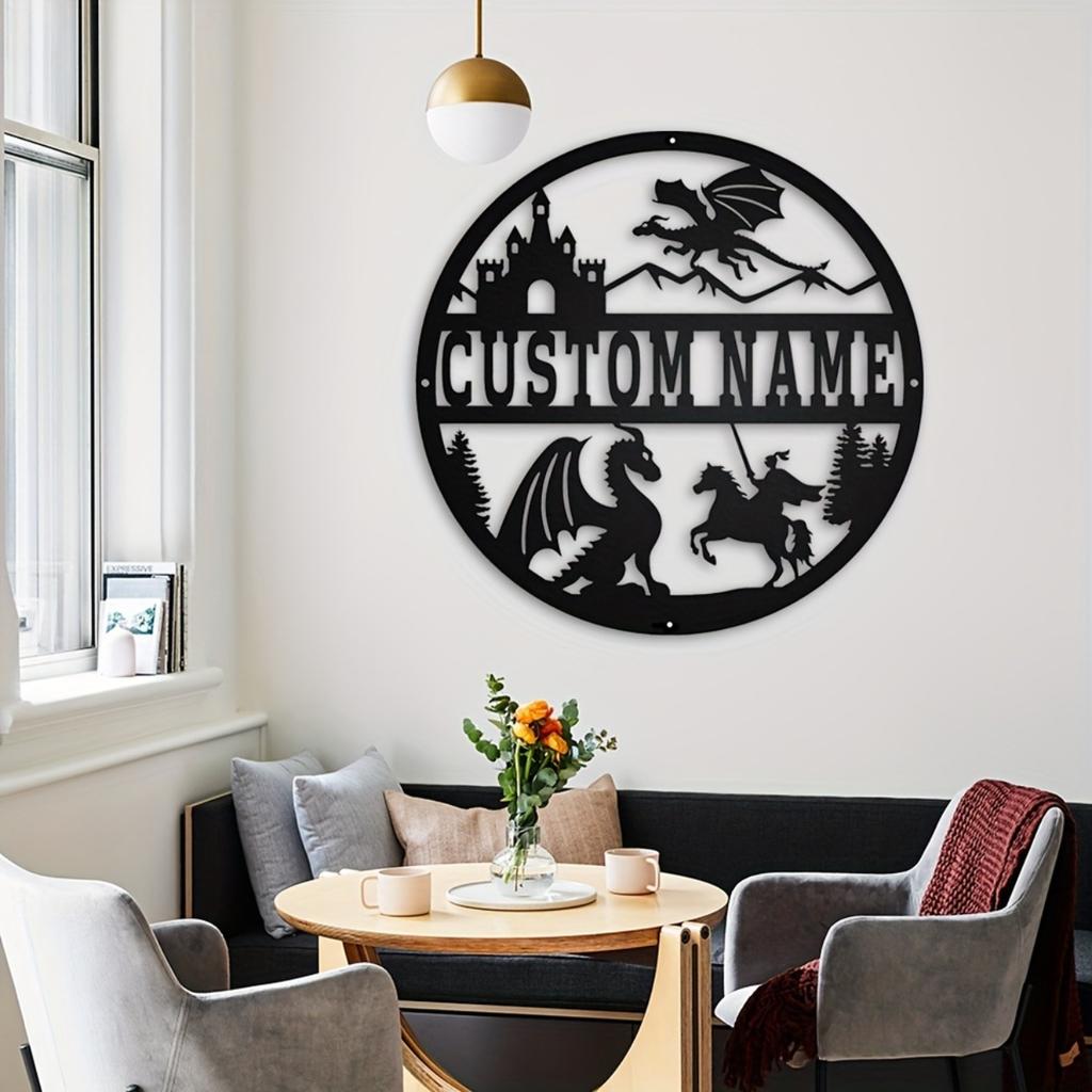 Personalized Fantasy Knight Dragon Metal Wall Art Custom Name Round Sign Deco Hot Sale Home Garden Kitchen
