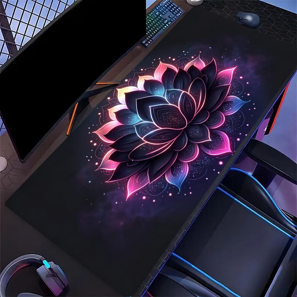 Neon Glowing Lotus Large Extended Gaming Mouse Pad Non Slip Desk Mat Dark Background Colorful Floral Art Keyboard Desk Mat