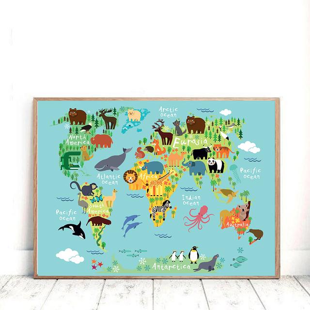 Mappa del mondo dei cartoni animati Pittura su tela Decorazioni per la camera dei bambini Poster e stampe Decorazioni per l'aula Immagini di arte della parete Decorazioni per la casa