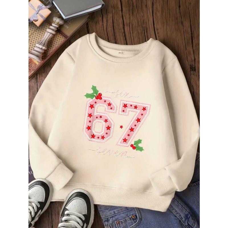 Kids Unisex Crewneck Sweatshirt, Christmas Holly Star 67 Six Seven Print Long Sleeve Pullover, Soft Casual Sweatshirt for Boys Girls Over 4 Years Old