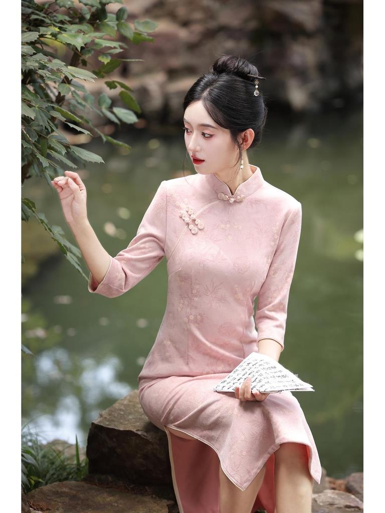 Suede Cheongsam: New 2025 Autumn Long-Sleeve Dress, National Style for Young Girls