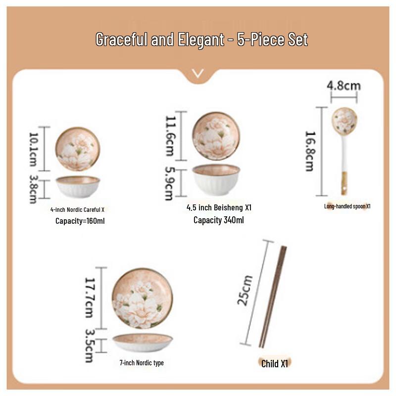 WA Huazao Baijia Japanese Camellia Underglaze Ceramic 5-Piece Dinnerware Set