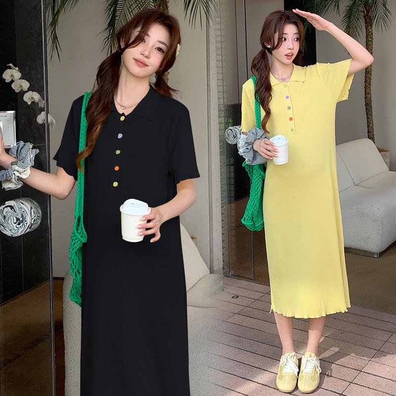 2026 Colorful Button Knit Maternity Polo Collar Nursing Skirt