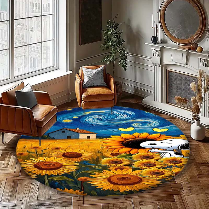 Kawaii Snoopy Round Rug Cute Cartoon Printed Circular Carpet Anti-Slip Floor Mat for Kids Room Nursery Decor