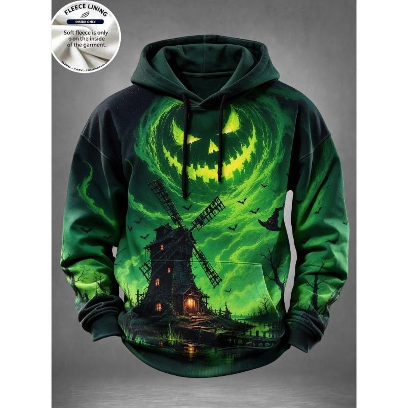 Men Fleece Lined Hoodie Halloween Black Cat Moon Pumpkin Print Pullover Hooded Sweatshirt Hoody