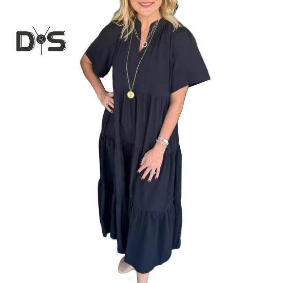 

Женское платье миди с V-образным вырезом, летнее повседневное платье макси с коротким рукавом, струящееся многоярусное пляжное платье в стиле бохо для отпуска S чёрный