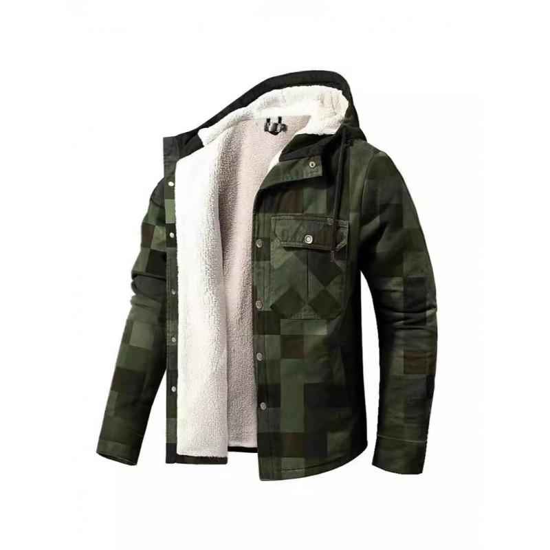 Mens Thick Cotton Coat Plaid Long Sleeve Loose Hooded Jacket Casual Winter Warm Outerwear
