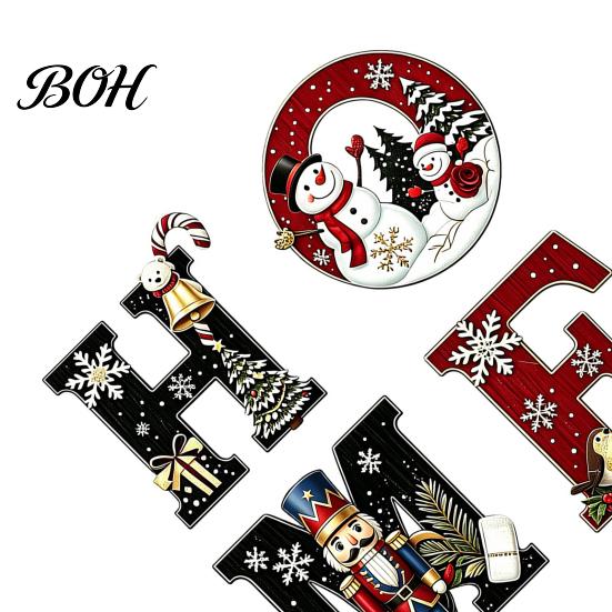 Wooden Holiday Door Decor 4Pcs Christmas HOME Letter Wall Decor, Hanging Sign with Nutcracker Snowman Vintage Country Signs Tree Art, Waterproof