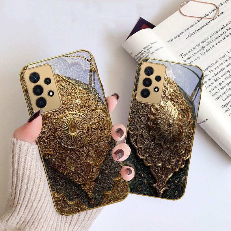 Golden Classical Emblem For Samsung A 01 52S A04 A05S A10 A12 A13 22 23 24 36 42 M02 Note 10 20Ultra 8 9 Golden Glass Phone Case