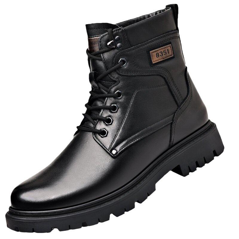 Men's High-Top Leather Martin Boots - Winter Wool Lined, Thick Sole, Warm Cotton Snow Boots