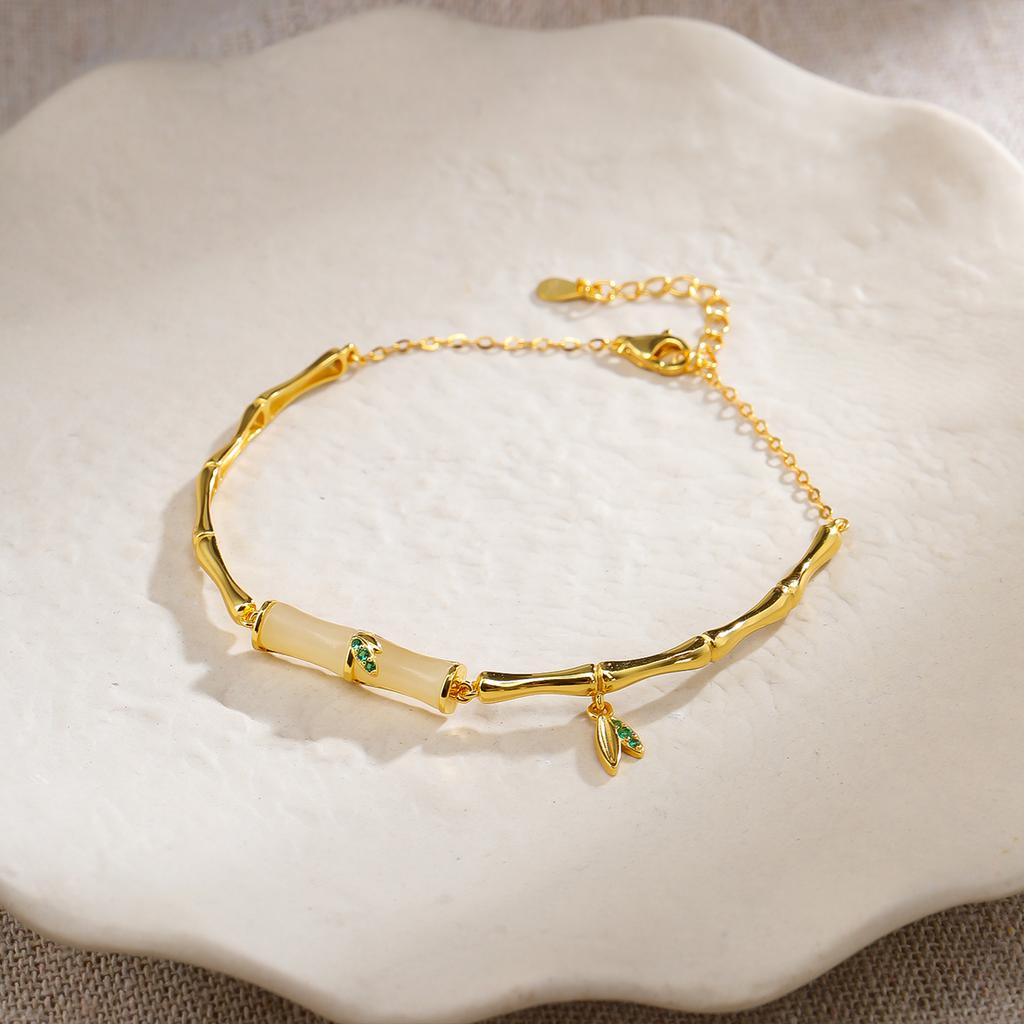New Sterling Silver Bamboo White Jade Beaded Bracelet Adjustable Chain Women's Gift Jewelry