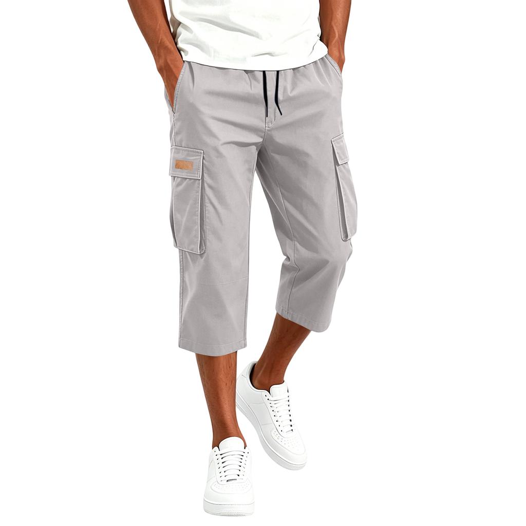 Men's Cargo Drawstring Pants Casual Multi Pocket Capri Work Trousers Lightweight Breathable Outdoor Utility Pants for Daily Wear