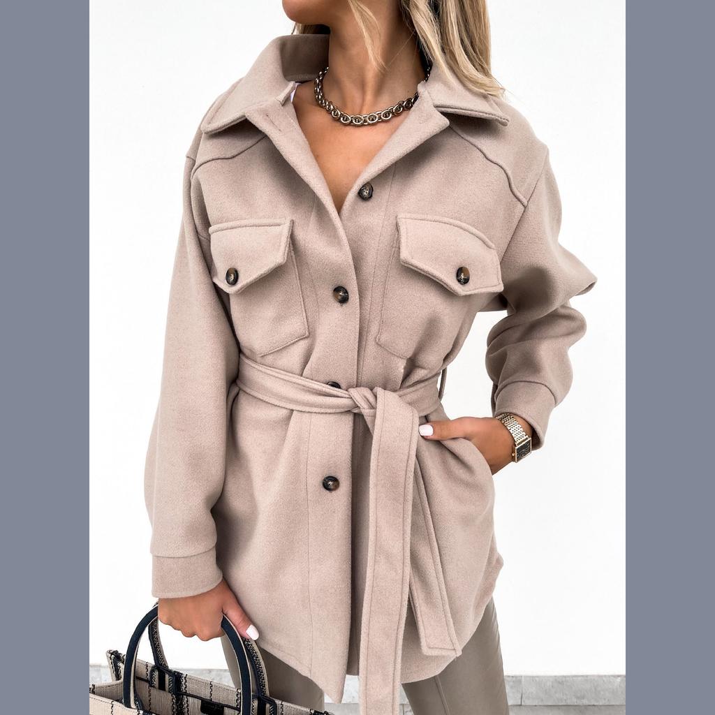 Autumn and Winter Lapel Single Breasted Thickened Solid Color Shirt Women's Woolen Loose Jacket Wool Women's Woolen Jacket