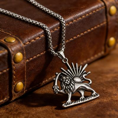 Collana in Acciaio Inossidabile con Ciondolo Leone Sole Persiano Khorshid per Uomo, Collana con Ciondolo Leone Spada Persiana Shamshir Shir alla Moda, Regalo Gioiello