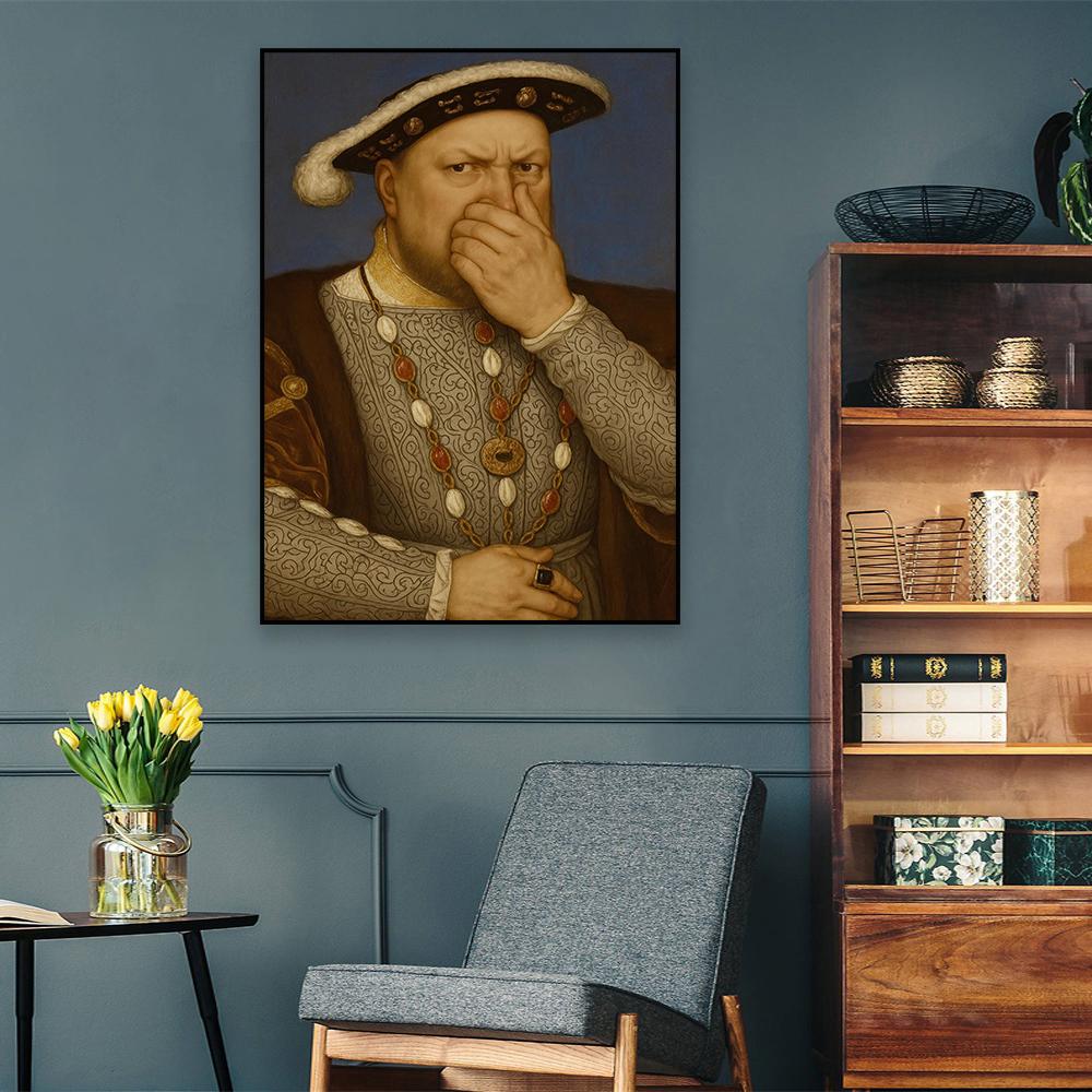Lustiges Badezimmer Leinwandbild Mädchen mit Perlenohrring Nase zuhaltend Toilettenhumor Wandkunst Poster Vintage Dekoration