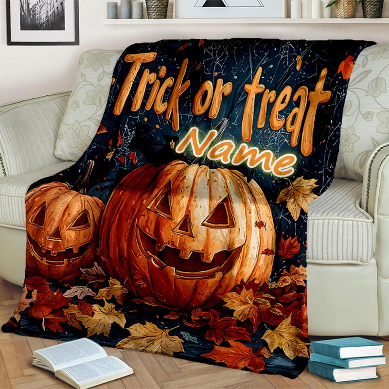 1PC Custom Name Halloween Pumpkin Night outdooor Flannel blankets Throw Blanket All-Season Throw Gift Bedspread for Couch, Bed, Camping Holiday Birthd