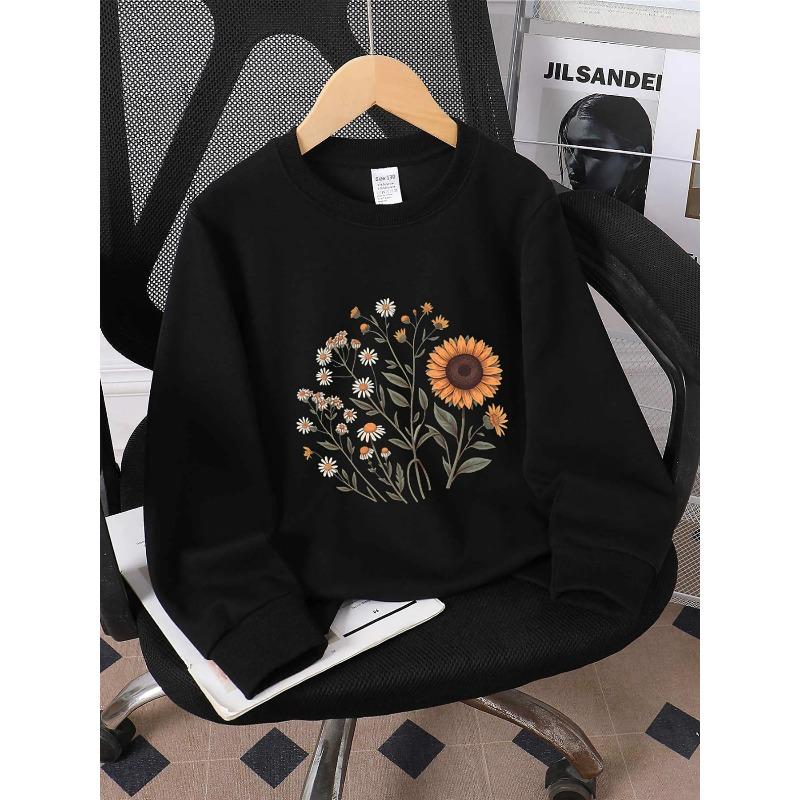 European Sizes Kids' Round-neck Hoodie - Sunflower Daisies Orange White Green , Sportswear And Casual Wear, Soft And Comfortable