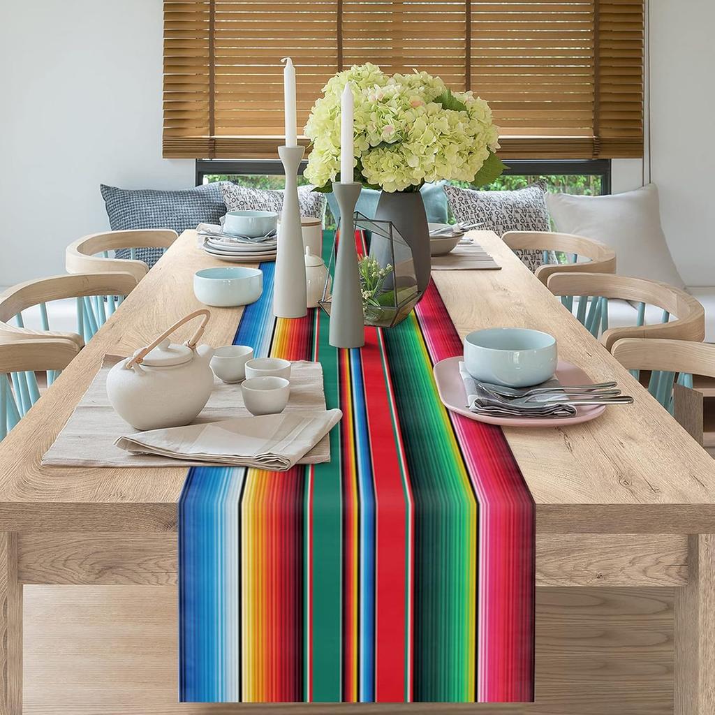 Strisce Colorate Messicane Runner da Tavola in Lino Runner per Comodino Decorazione Cucina Rustica Runner per Tavolo da Pranzo Decorazione Festa Messicana